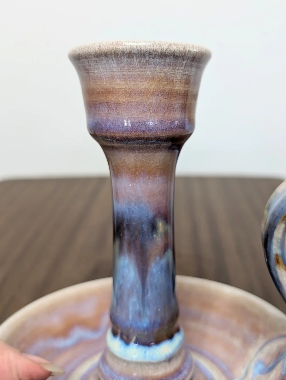Light Purple, Blue, Tan Handmade Studio Pottery Ceramic Chamber Candle Holder